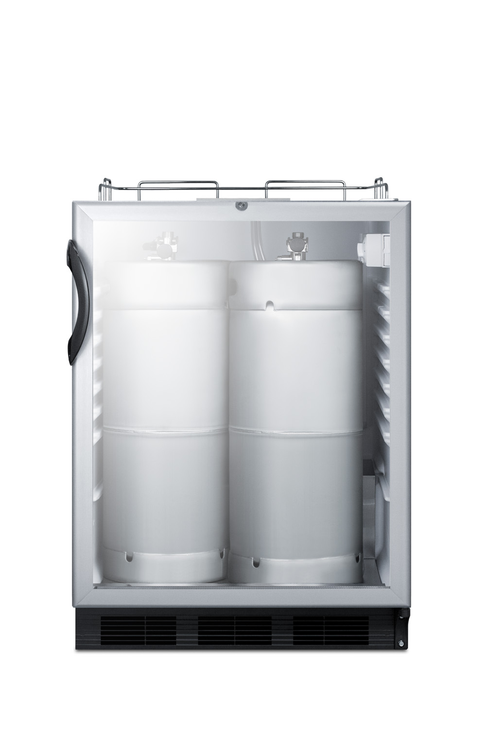 Built-in undercounter ADA height commercially listed beer dispenser with glass door, lock, and black cabinet; no tapping equipment included